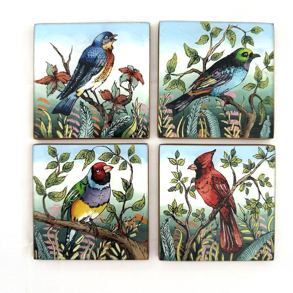 Vtg Reverse Hand Painted Glass & Wood Bird Drink Coasters Set of 4 Made In Peru